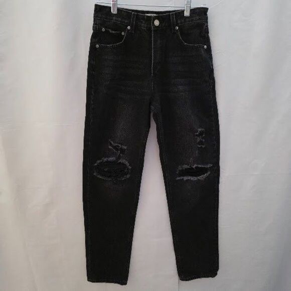 ZGY Rebound Free People Jeans Distressed Black Midrise Relaxed Barrel Leg Sz28 - Picture 1 of 13